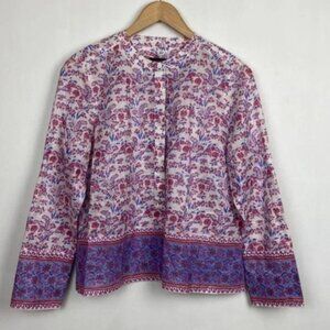 J.Crew S Popover Floral Pink Red Purple White Metallic Shimmering Fabric